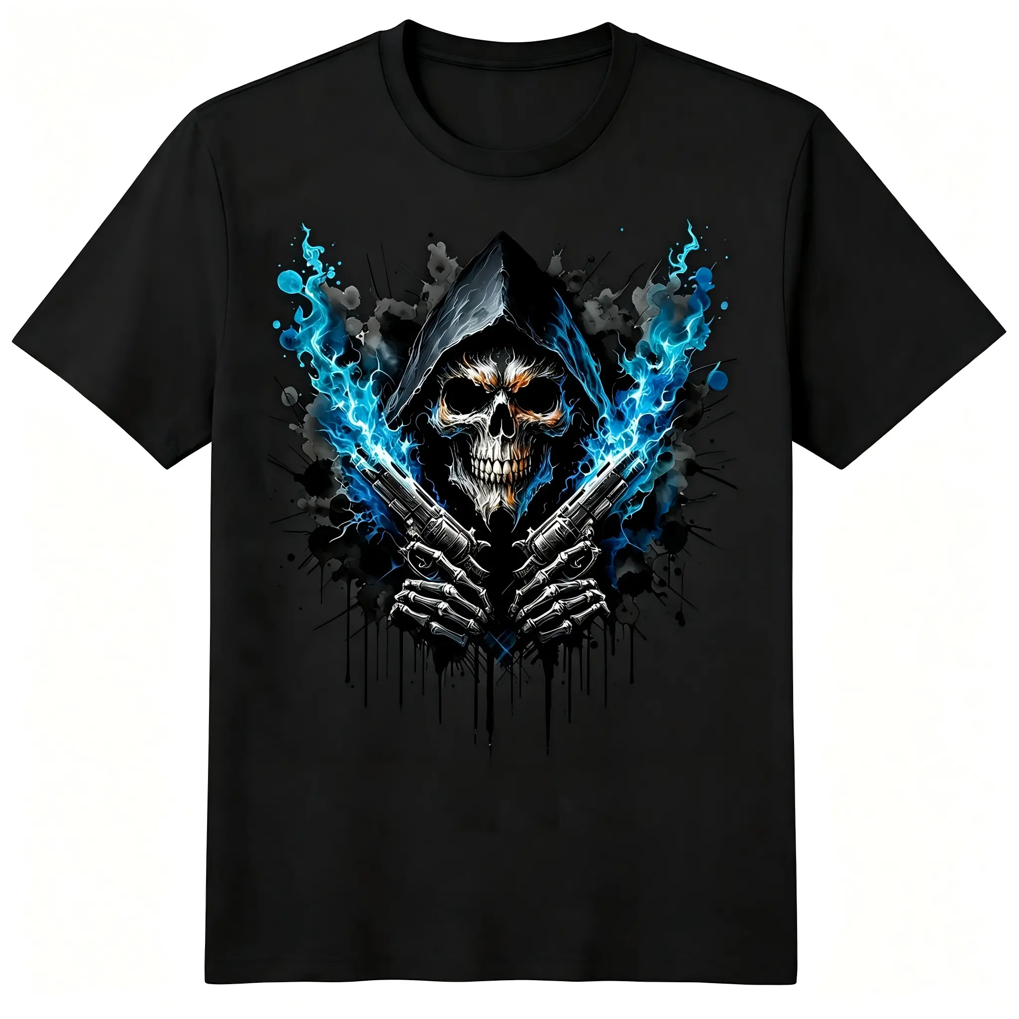 Grim Reaper Skull Crossed Revolvers Gothic T-Shirt for Men Women – Hooded Skeleton Hands Black Ink Splash Graphic Tee, Soft Stretch Cotton Crew Neck Short Sleeve, Regular Fit Dark Streetwear, All Season Casual Top, Biker Dark Art Gift, Machine Washable
