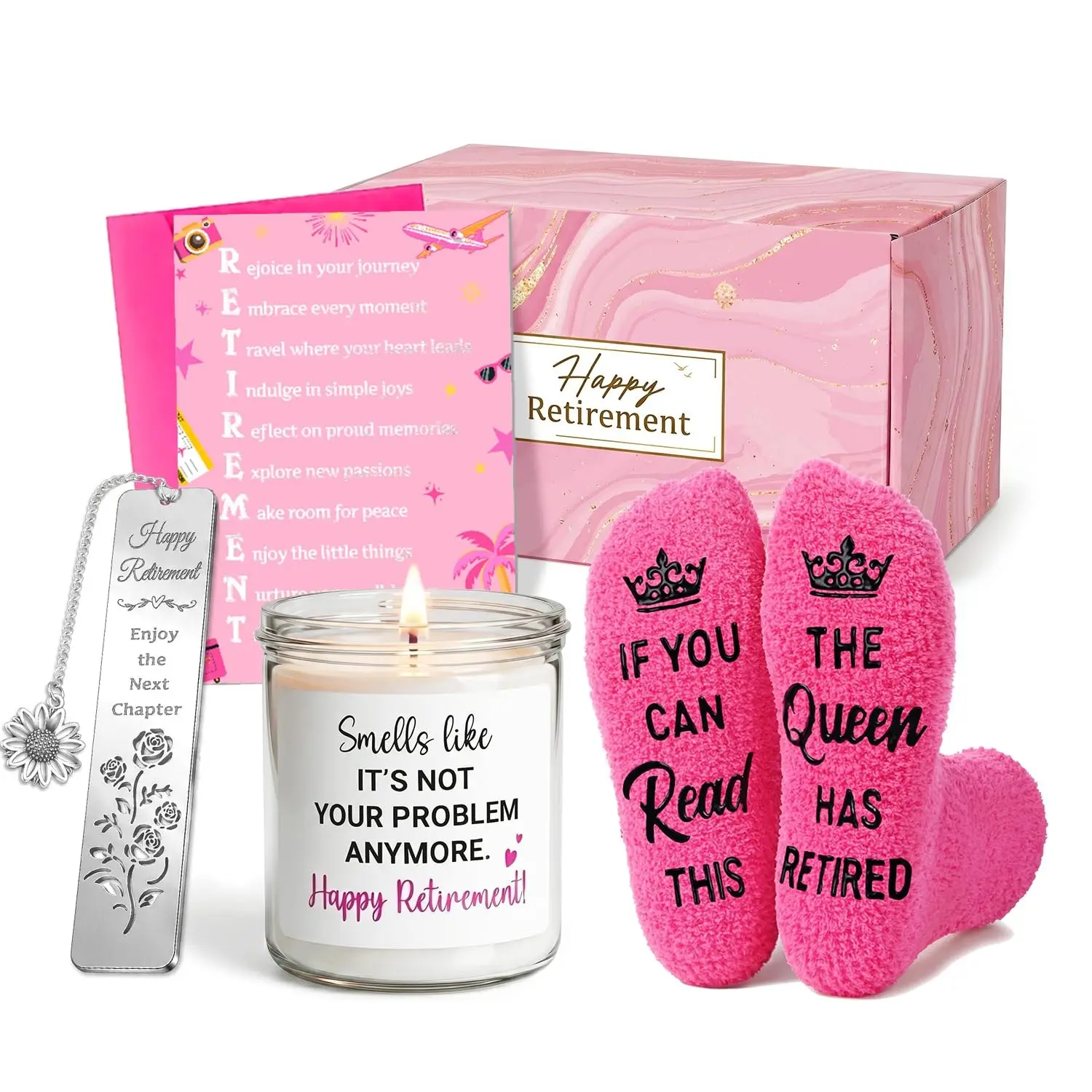Retirement Gift Basket for Women Men – Funny Scented Candle, Socks & Bookmark, Retirement Gifts for Mom, Dad, Coworker, Boss, Friends