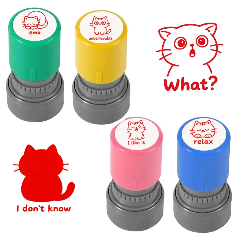 4-piece set of self-printed stamps featuring emotional animals, funny animal mood feedback photosensitive stamps with the words "Relax", "Emotion", "I Like", "Unbelievable", mini circular reward stamps, suitable for teachers to use, can be used for gradin