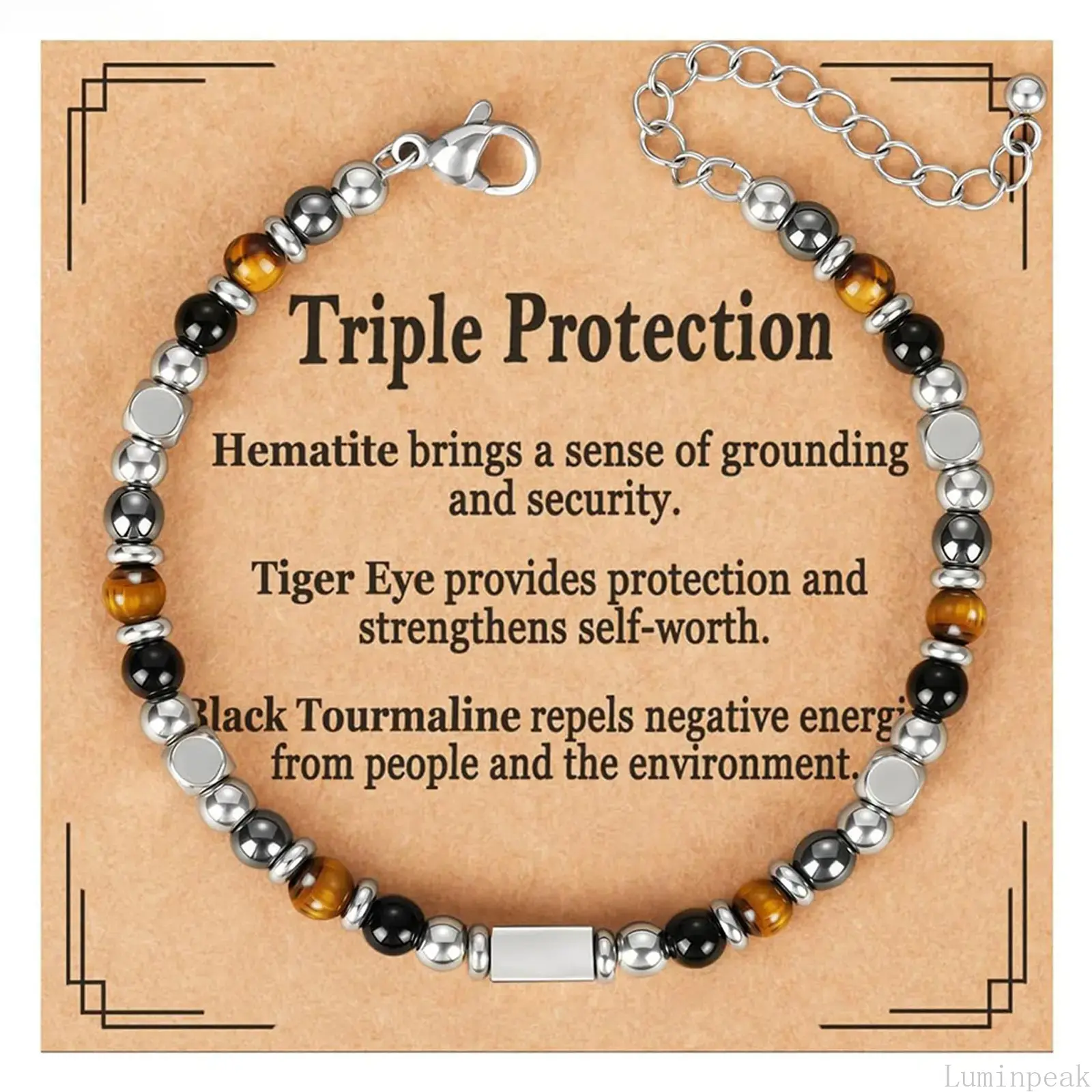 Black Tourmaline Protection Gemstone Bracelet - Triple Protection Rectangle, Hematite & Tiger Eye Silver Beads, Durable Hypoallergenic Metal Bar Jewelry for Adults, Workout, Meditation, Streetwear, Energy Protection