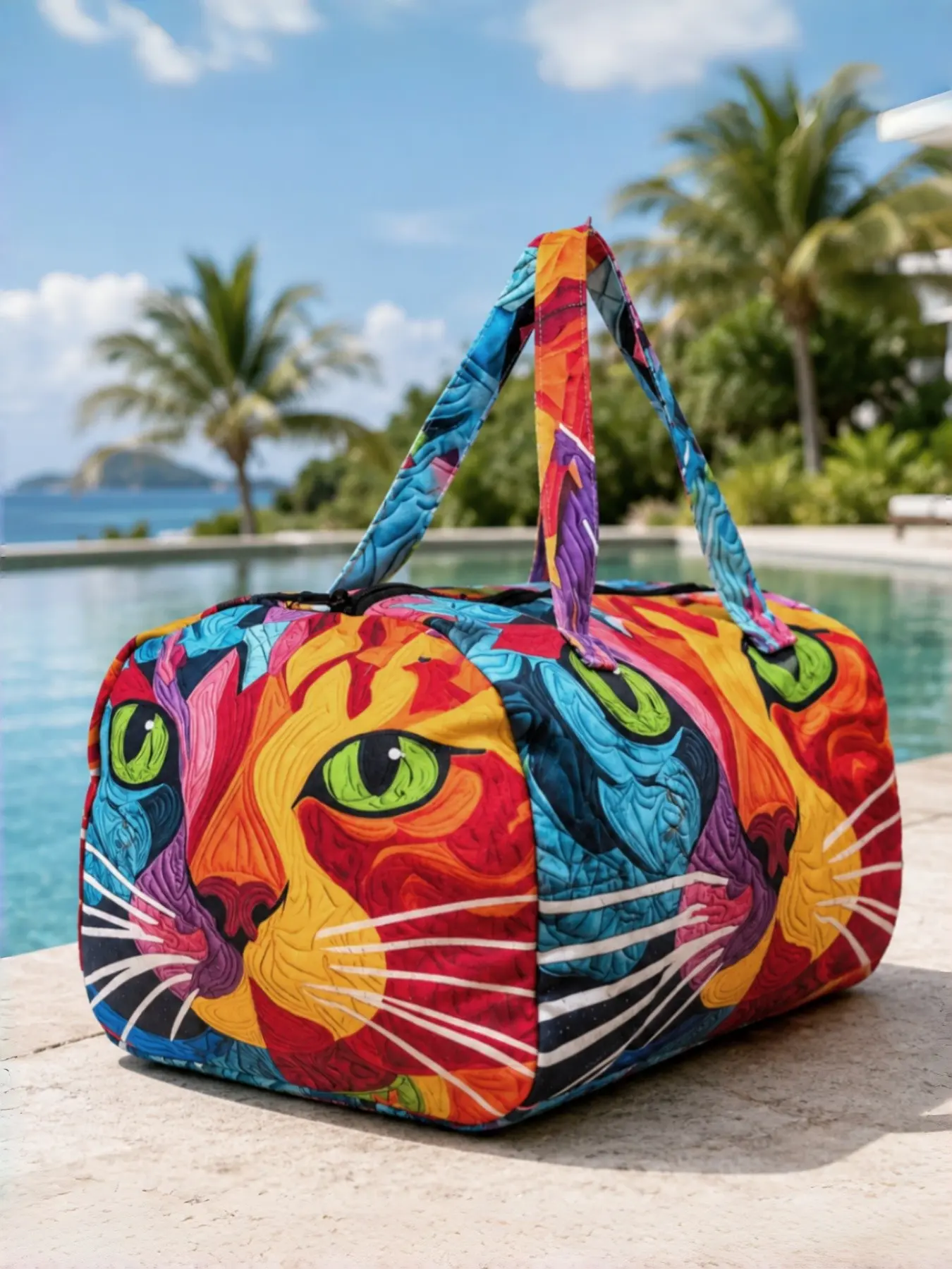Pop Art Cat Head Duffle Bag, All-Over Print, Reinforced Handles, Smooth Zipper, Large Capacity, Ideal for Travel, Beach, Fitness, Short Trips