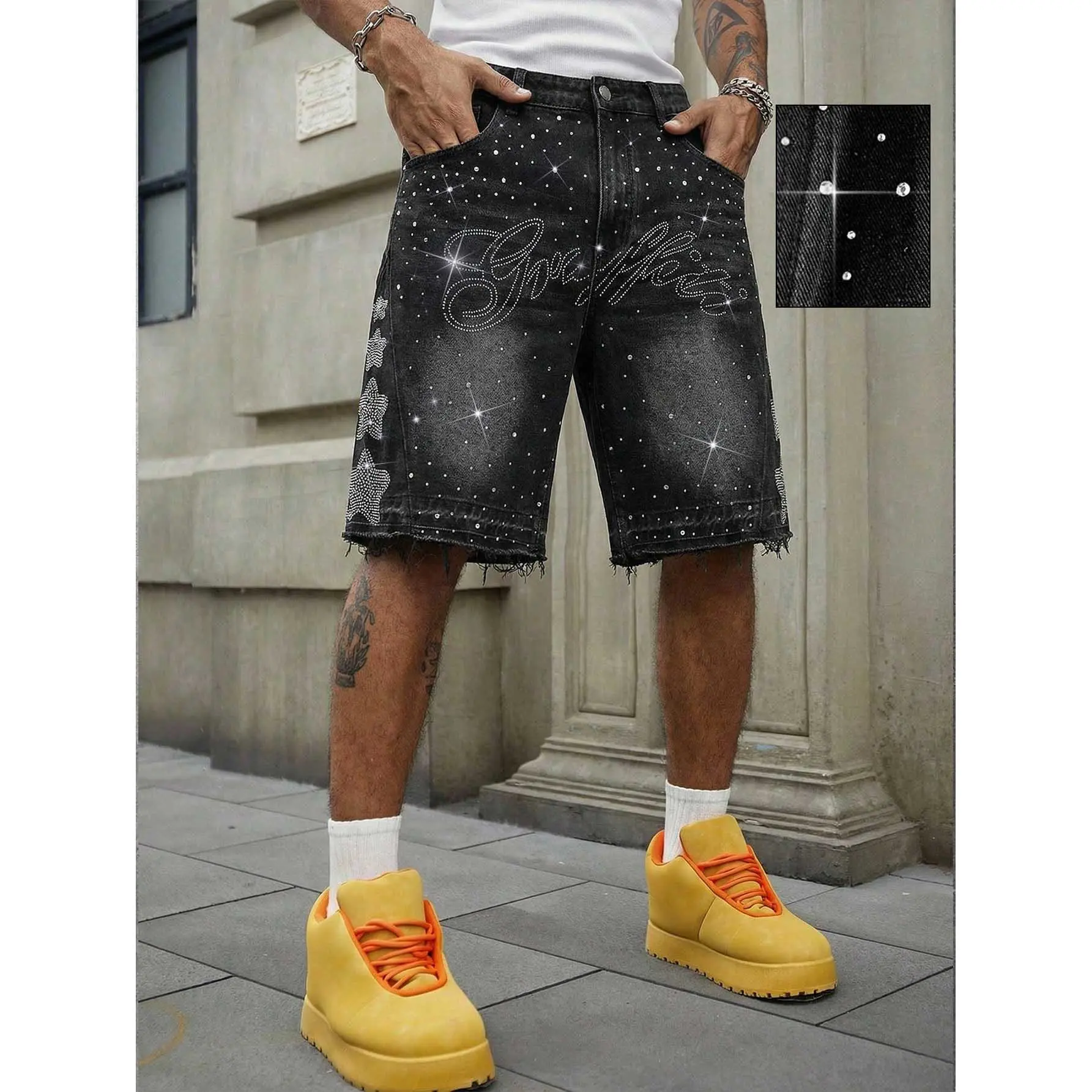 Men's Loose-Fitting 2000s Streetwear Denim Jorts - Rhinestone Star & Cursive Letter Graphic, Hand-Finished Frayed Texture, Hot Drill, Snap & Button Closure, Breathable Washed Cotton Denim, Aesthetic Outfits for Sneakers, Flash Glitter Accents