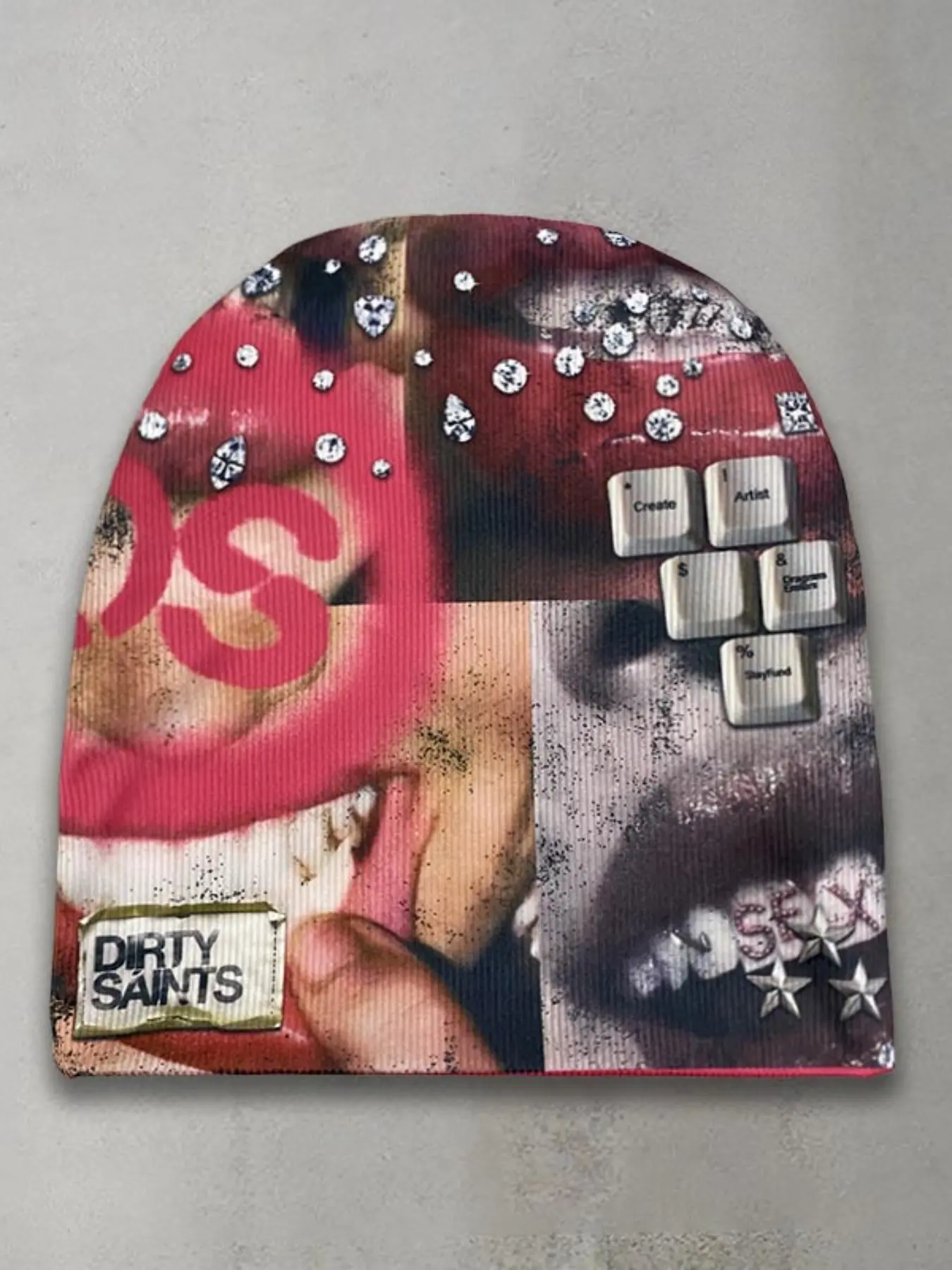 Y2K Subculture Colorblock Knit Hat, American Retro Bold Rhinestone Lip Keyboard Pattern, Street Style Loose-Fitting Cap, Beanie Hats, Fashionable Hats, Graphic Hats