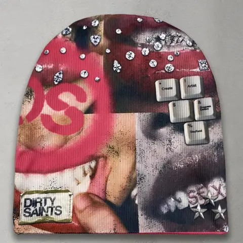 Y2K Subculture Colorblock Knit Hat, American Retro Bold Rhinestone Lip Keyboard Pattern, Street Style Loose-Fitting Cap, Beanie Hats, Graphic Hats, Beanies Hats