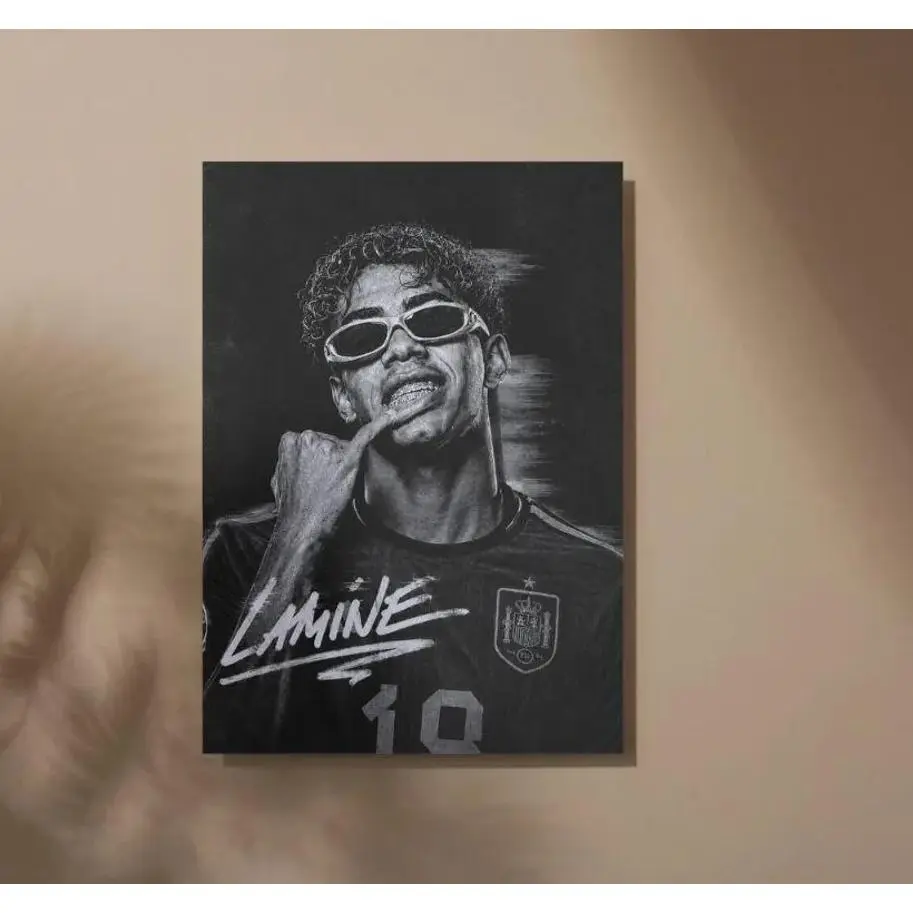 LaLamine Yamal Poster, Lamine Yamal Wearing Sunglasses And Touching Face With Finger, Number 10 Spain Jersey Signature Art, # LamineYamal # Raphinha # Barcelona # YamalRaphinha # LaLaDuo # BarcaWallArt # SoccerCanvas # FCBarcelona