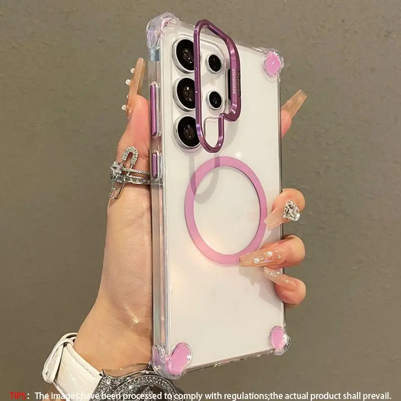 Magnetic transparent four corner shock-absorbing metal bracket phone case, Protective Cellphone Casing, Protective, Shockproof, suitable for Samsung Galaxy S24 S23 S22Ultra Plus A36/A56/A16/A26/A17, shock-absorbing camera ring bracket