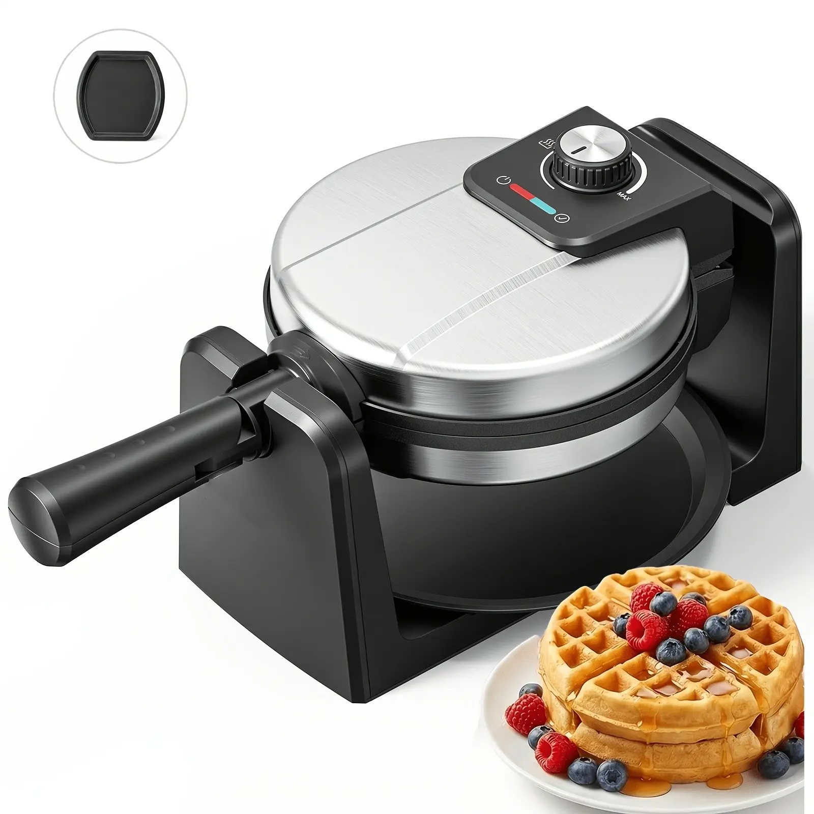 Waffle Maker, Rotating Belgian Waffle Maker, 180° Flip Waffle Iron, Non-Stick Plate, Adjustable Browning Control, Foldable Cool Touch Handle, Removable Drip Tray, Space Saving Storage, Stainless Steel