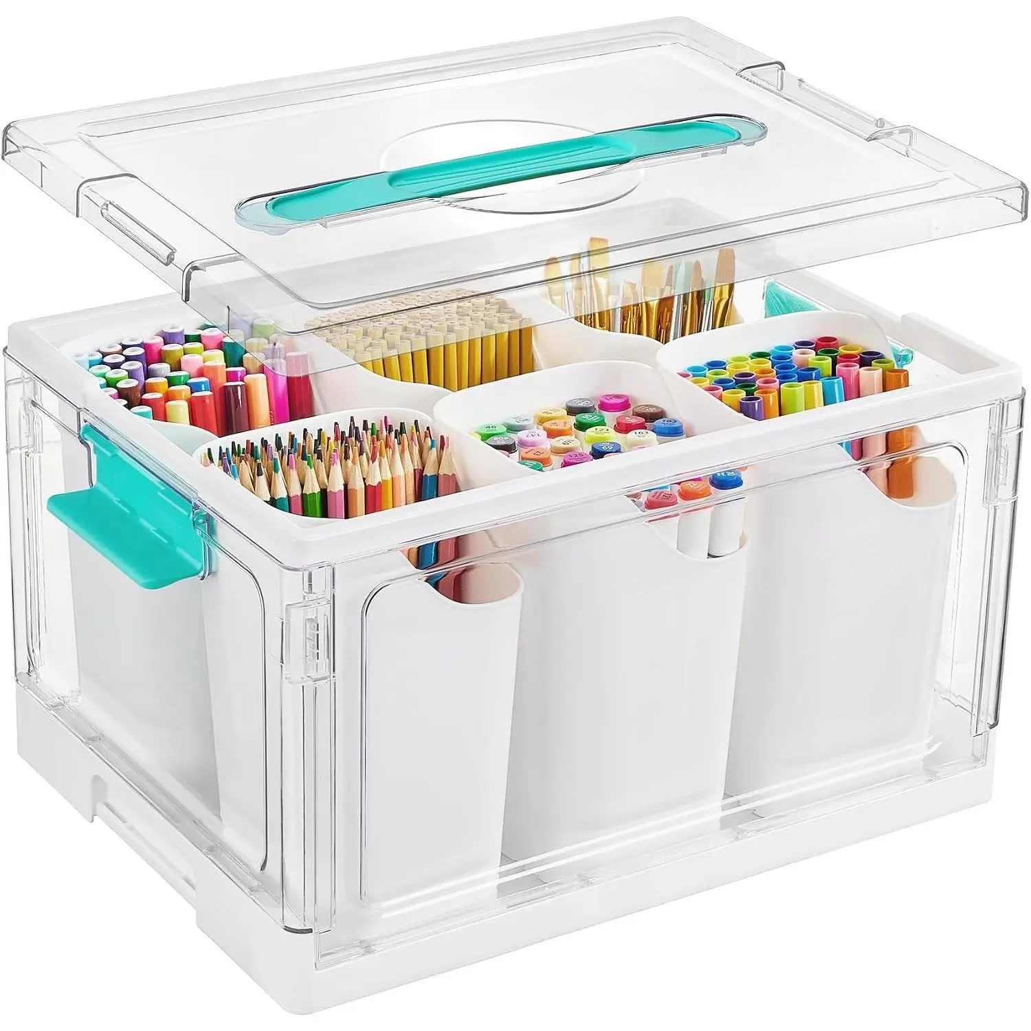 24 QT Clear Plastic Craft Organizer with 6 Detachable Inserts, Art Supply and Tool Storage Box for Craft, Crayon,Pencils,1 PackGift.