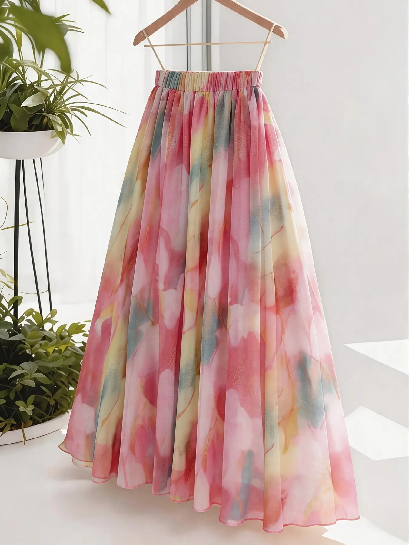 Elegant Tie-Dye Floral Rainbow Lightweight Chiffon Elastic Skirt, Marble Pattern, Versatile Colors, Spring Summer New Arrival, A-Line Flowy Dress