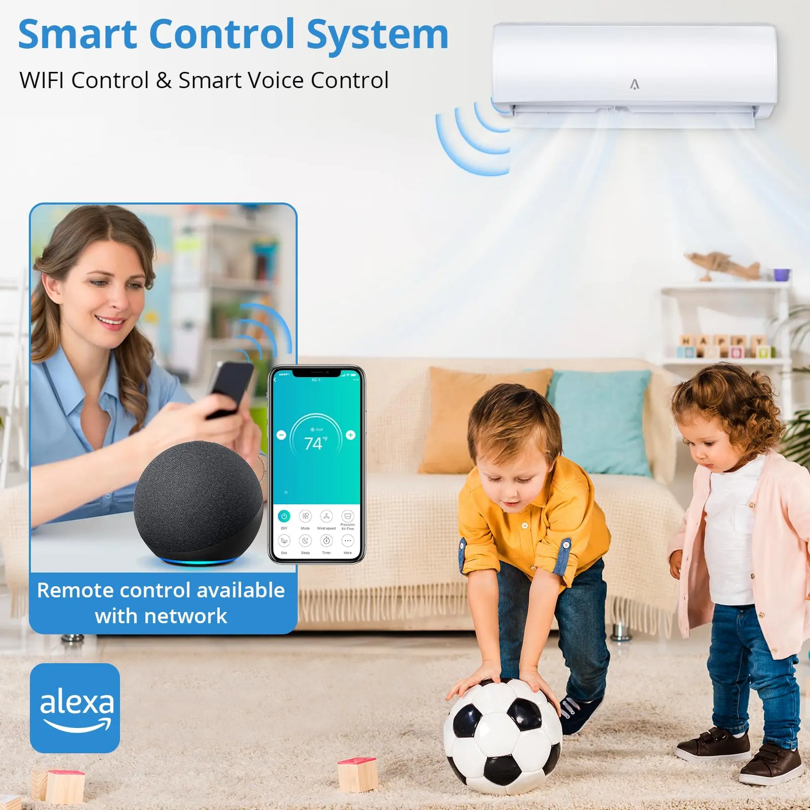 OUTGOODS WiFi Enabled Ductless Mini Split Heat Pump - 18000 BTU, 21 SEER2 Inverter AC, Eco R454B Refrigerant, Pre-Charged Condenser, Full Installation Kit, 208-230V, Home Cooling Solutions, Year-Round Cool & Heat for Up to 1250 Sq Ft, Copper, Wireless, Au