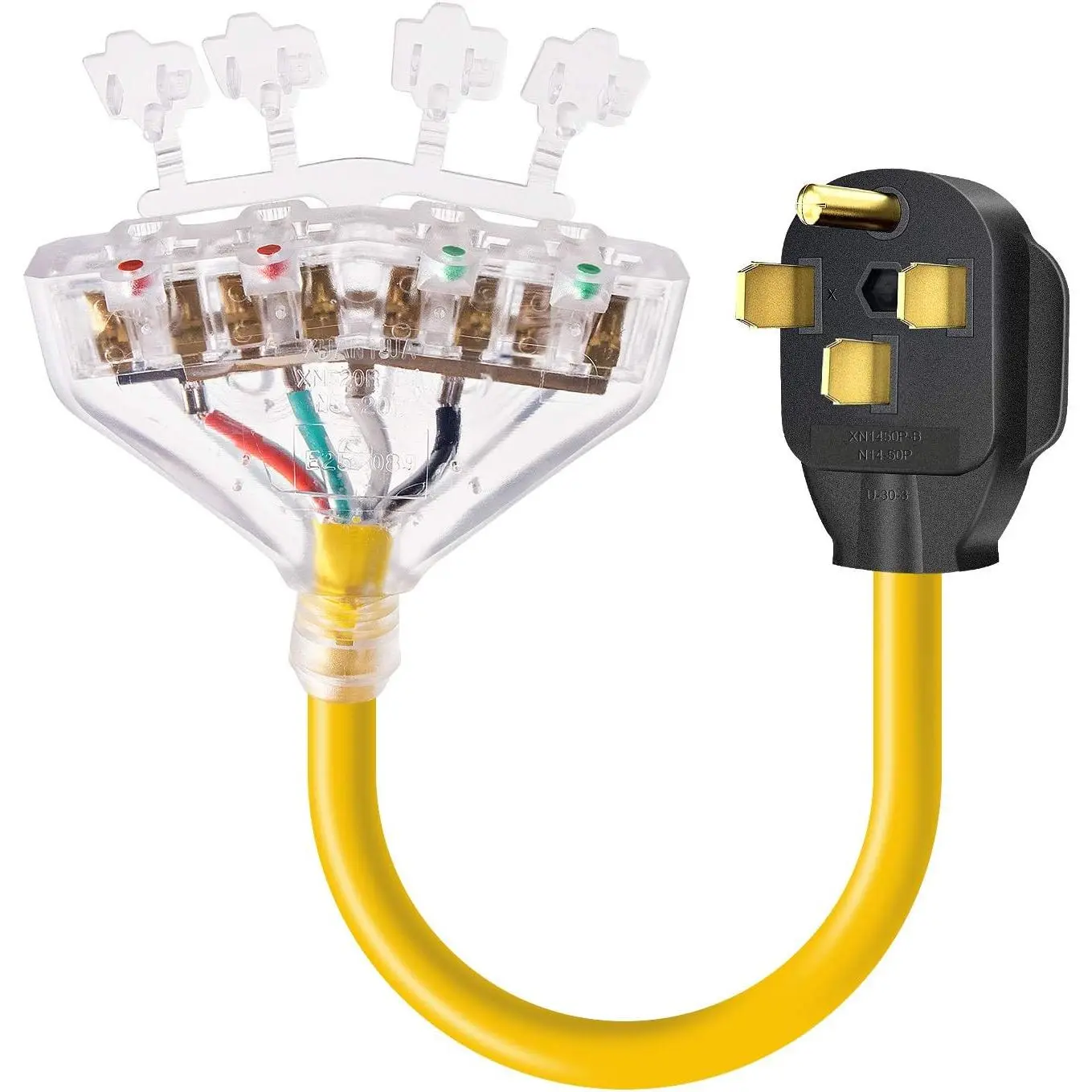 50 amp to 110 Adapter RV 50 Amp to 20A Adapter Cord, 4 Prong NEMA 14-50P Male to 4X 5-20R Household Outlet Female with Dust Protection Caps, 1.5 FT