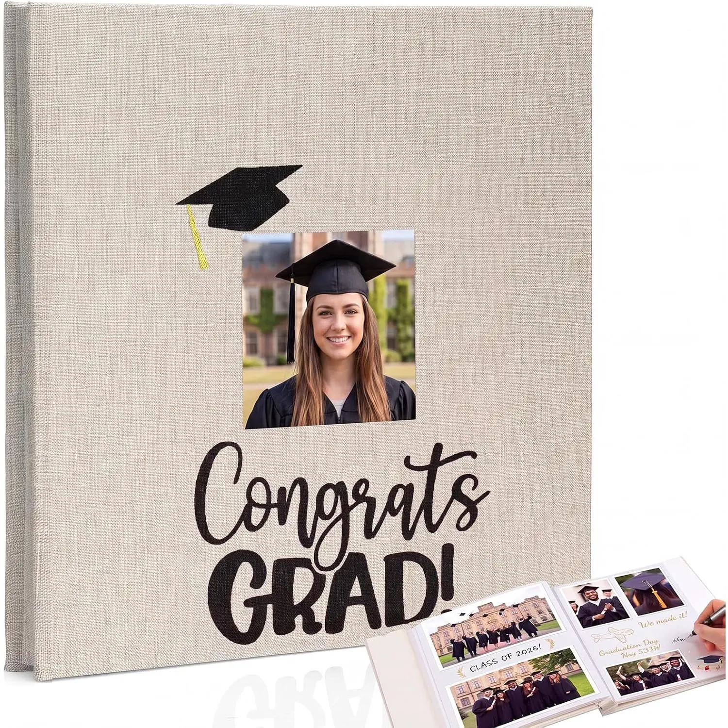 Beige Class of 2026 Graduation Album Self Adhesive Photo Scrapbook 40 Pages 11.5 x 10.5 Inch Linen Memory Book with Cover Display Window DIY Album for School College Graduate Party