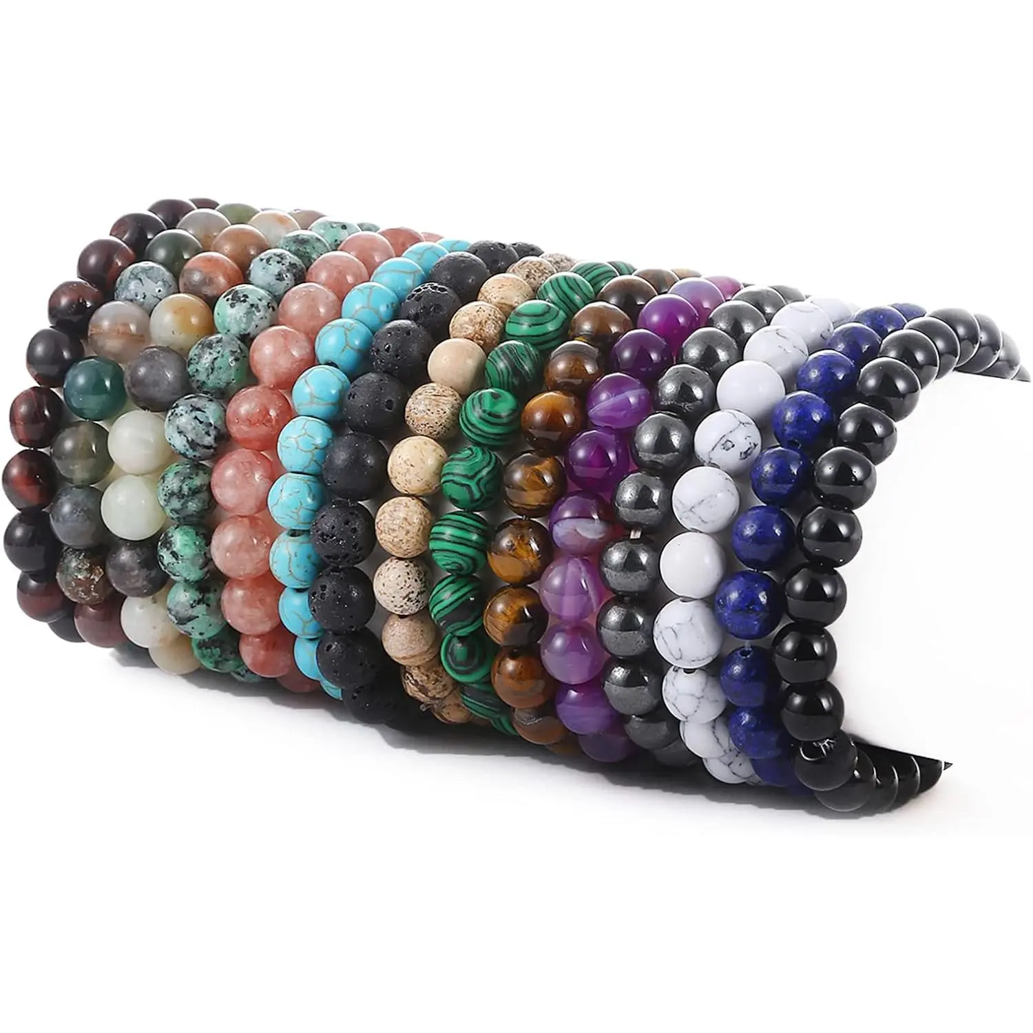 15 PCS 8mm Polished Semi-Precious Gemstone Stretch Bracelets - Round Beading, Colorful Unisex Casual Crystal Jewelry Gift Set, Year-Round