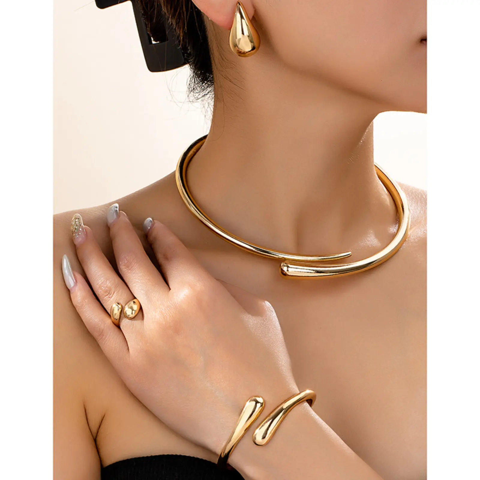 Women's 4-Piece Water Drop Fashion Jewelry Set - Collar Necklace, Bracelet, Drop Earrings, Ring - Simple Elegant Accessory for Daily Wear, Sports & Outdoor Camping Hiking Hammock Use, Everyday, Female