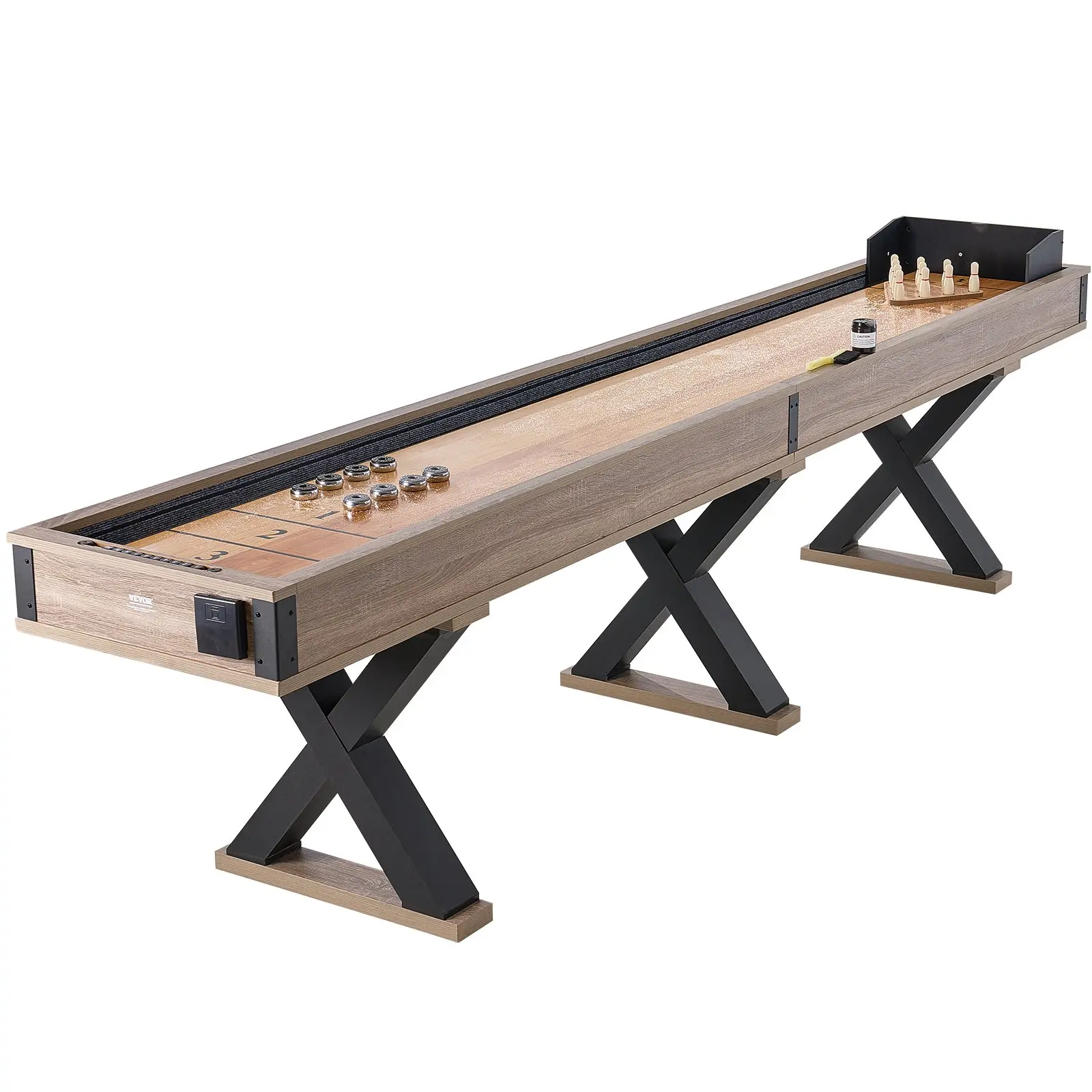 【Summerfinds】VEVOR Shuffleboard Table, 11.5 ft Shuffleboard for Family Game Rooms, 2 in 1 Shuffleboard and Bowling Combo Game Set, with Scratch-Resistant Playfield, Legs, 8 Pucks, Bowling Set, Wax, and Table Brush