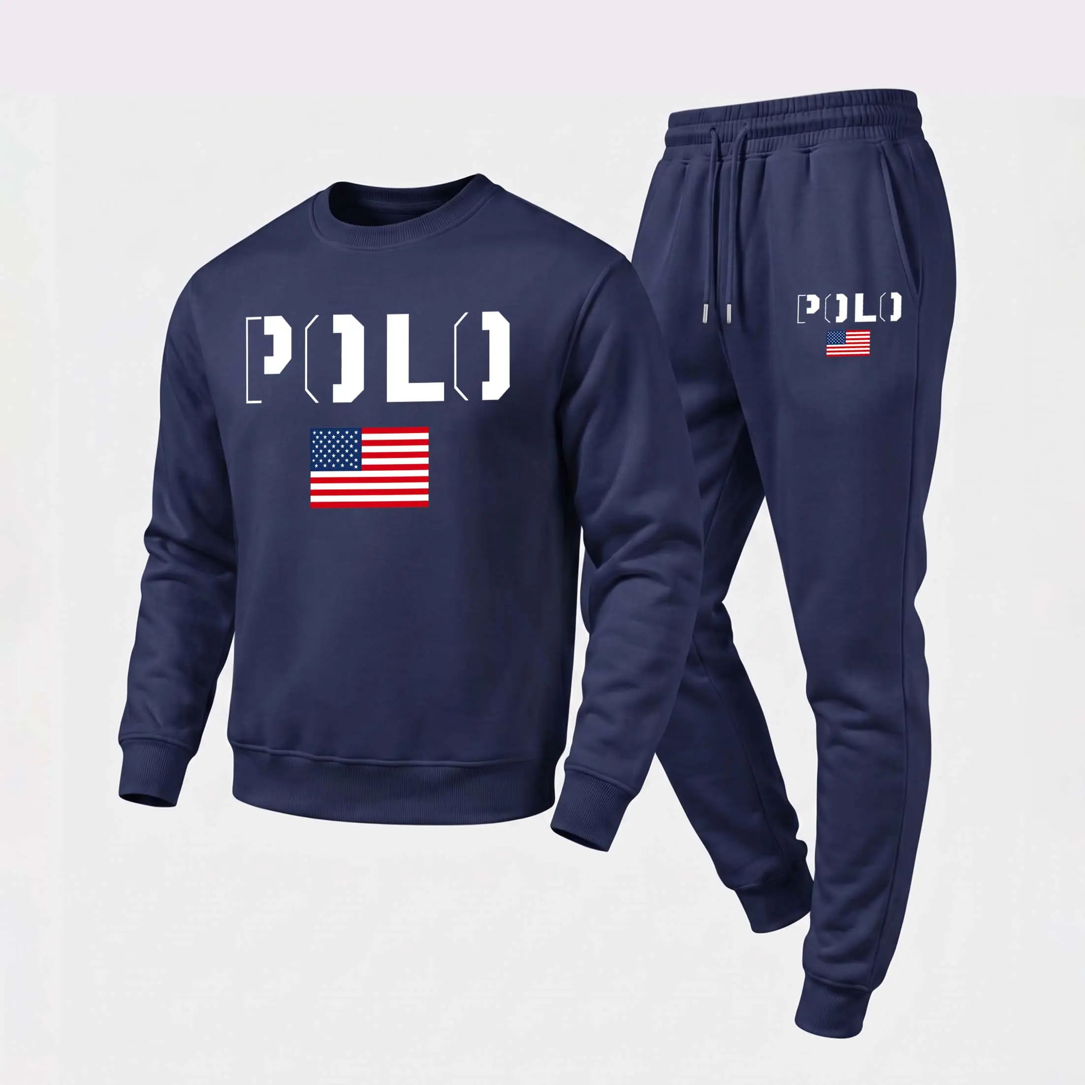 Men's Assembled National Flag Graphic Crewneck Sweatshirt and Jogger Pants Set, Casual Long Sleeve Pullover with Drawstring Sweatpants, Fall Winter Tracksuit for Daily Wear, Travel, Lounge, Workout and Indoor Outdoor Activities