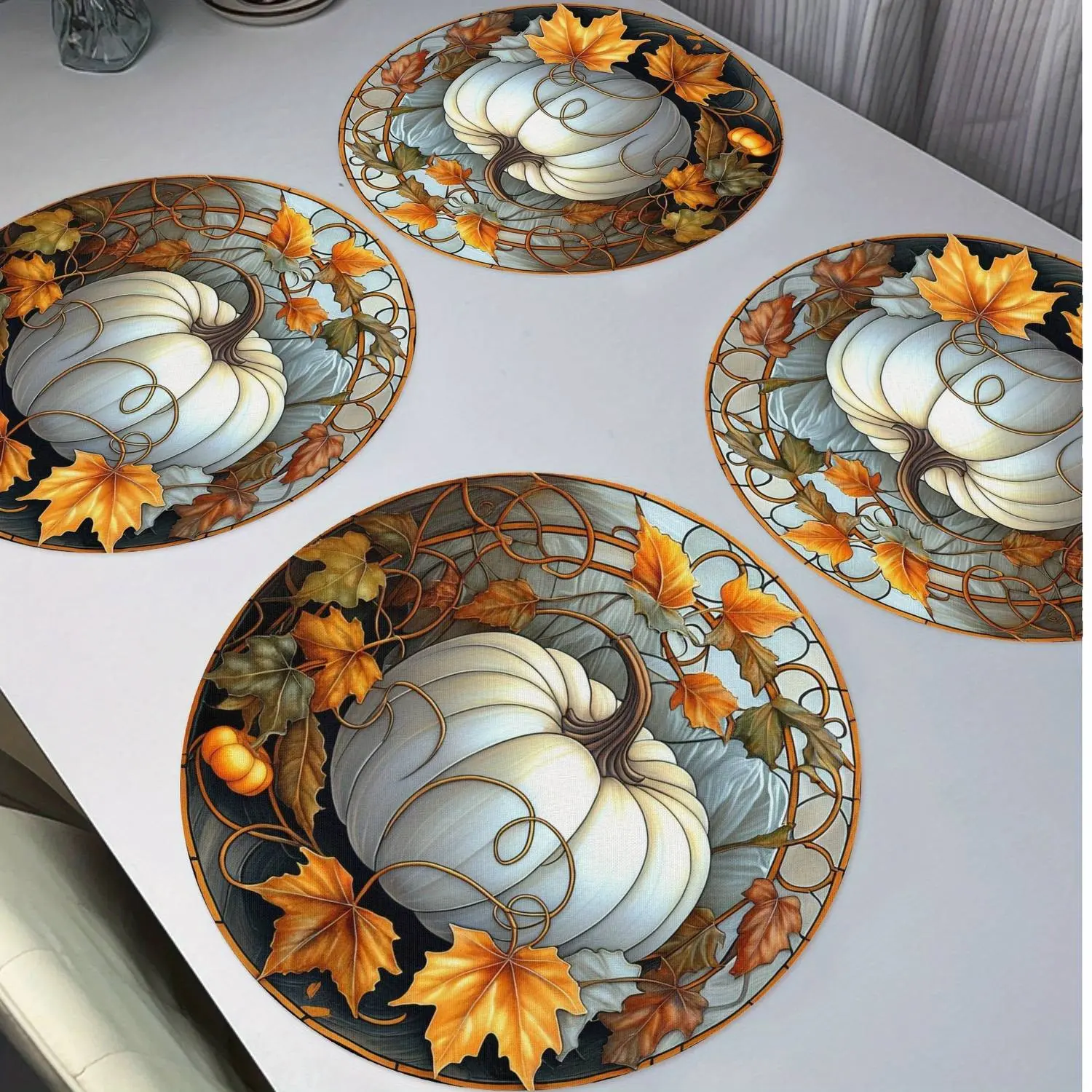 Pumpkin & Maple Leaf Outdoor Placemats,4pcs Round Table Mats 15in/38cm Thanksgiving Wedding Kitchen Table Decoration Heat Resistant Non Slip Place Mats
