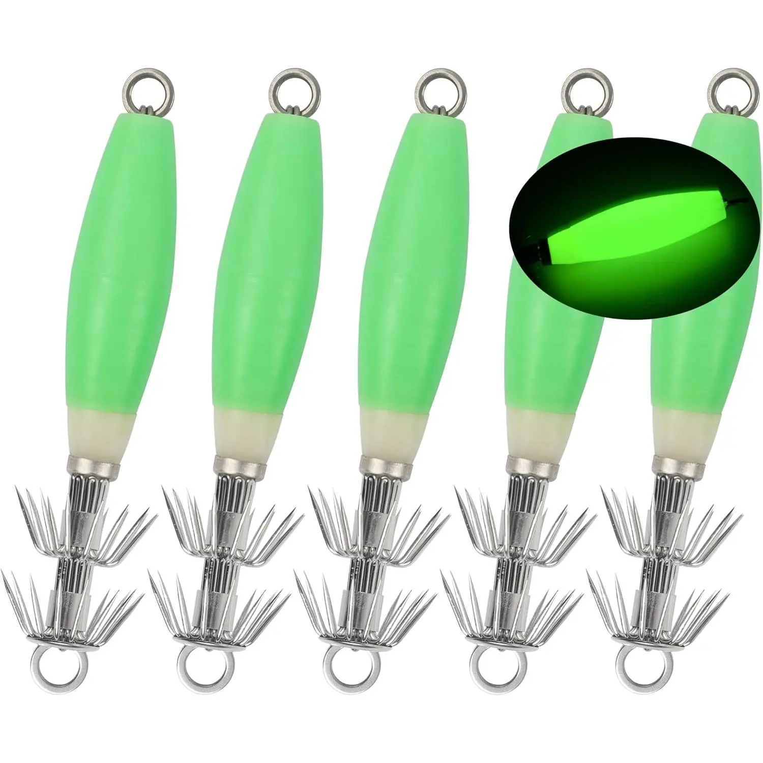 Squid Jigs Saltwater Fishing Lures, 5/10pcs Glow Squid Jig Hooks Luminous Cuttlefish Sleeve Octopus Jig Baits Night Fishing Octopus Lures Set with Tackle Box
