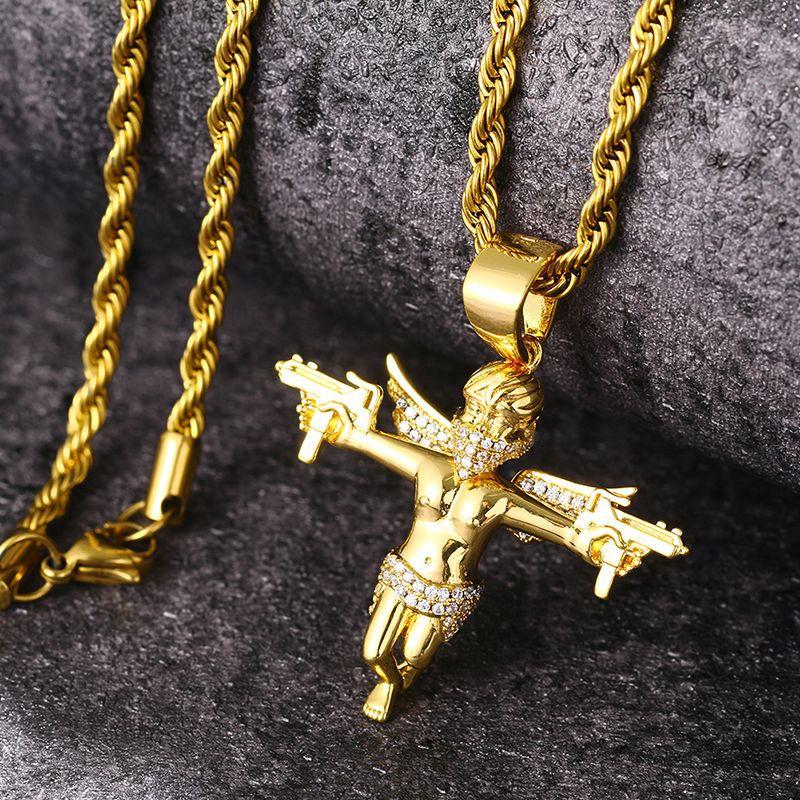 Hip-Hop Gold-Plated Masked Angel With Wings And Dual Swords Pendant Necklace, Solid Micro-Inlaid Zircon Jewelry