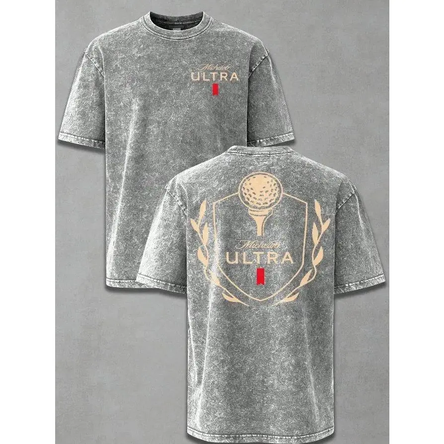Unisex Vintage Washed "Michelob Ultra Golf Ball" Printed Logo Double-Sided Tee, 230gsm Heavyweight 100% Cotton Oversized Tshirt Women, Loose Fit Sports Streetwear Casual Top, Pure Cotton