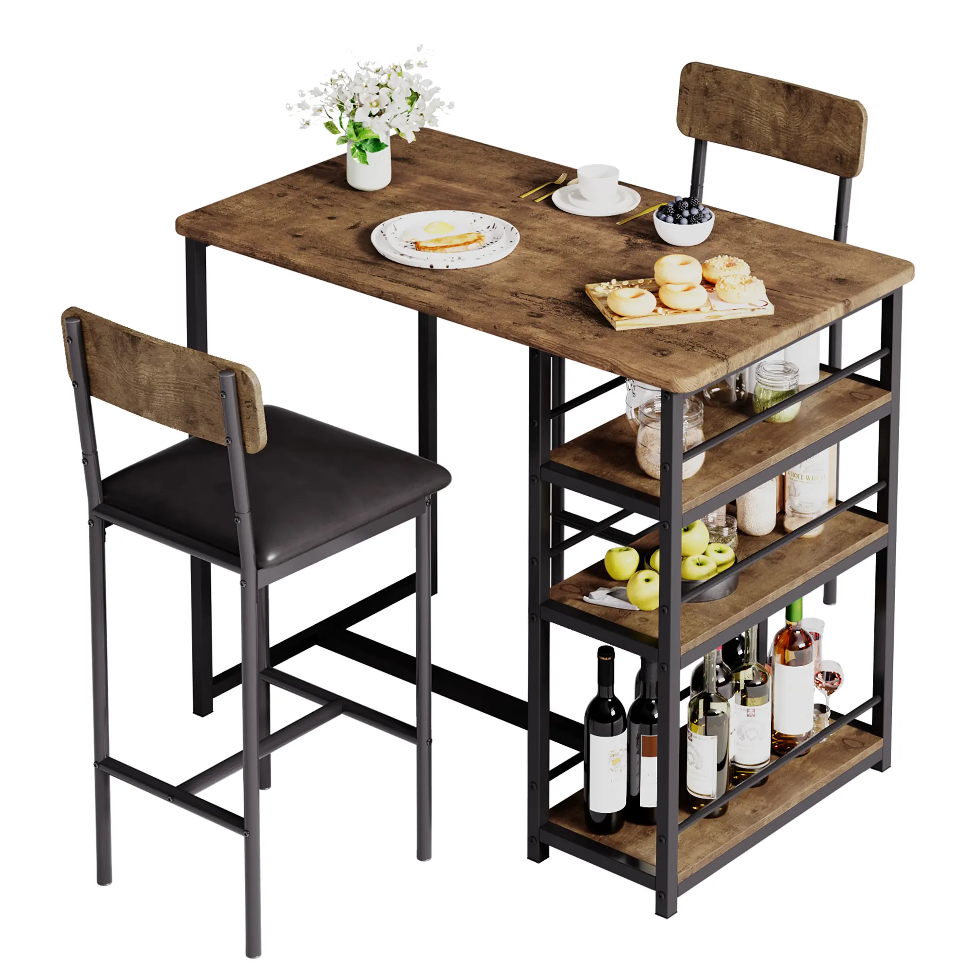 Space-Saving 3 Piece Dining Table Set for 2 – Bar Table with 2 Upholstered PU Stools, 3 Storage Shelves – Modern Kitchen or Breakfast Nook Furniture for Apartment
