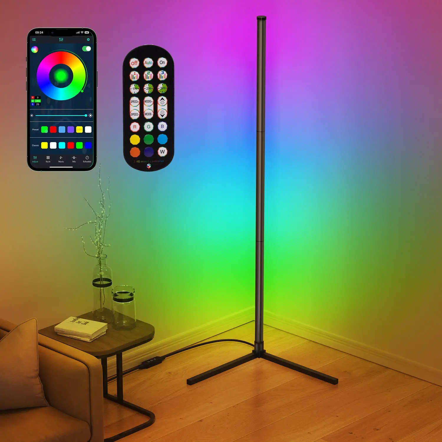Riyo LED Floor Lamp with APP Control and Remote, 16 Million Colors, 68+ Scenes, RGB Corner Light, Music Sync, Ambient Lighting