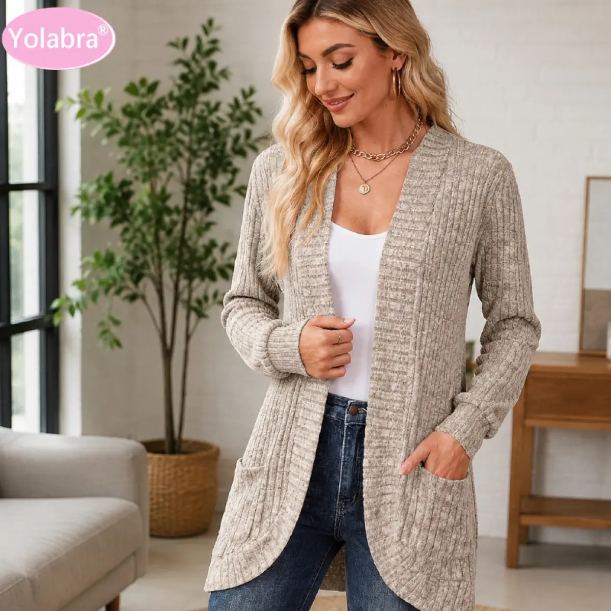 Yolabra Open Front Ribbed Knit Cardigan Mid-Length Long Sleeve Casual Cover Up Soft Lightweight Sweater With Side Pockets No-Button Loose Layering Outerwear Curved Hem Everyday Women’S Knit Coat