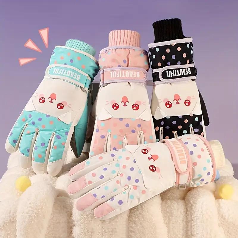 1 Pair Kids Ski Gloves Winter Boys Girls Snow Windproof Cold-Resistant Thickened Five-Finger Gloves Cute Cartoon Outdoor Thickened Fleece Split-Finger Gloves Suitable for Outdoors Play Suitable for 5-10 Years Old Children
