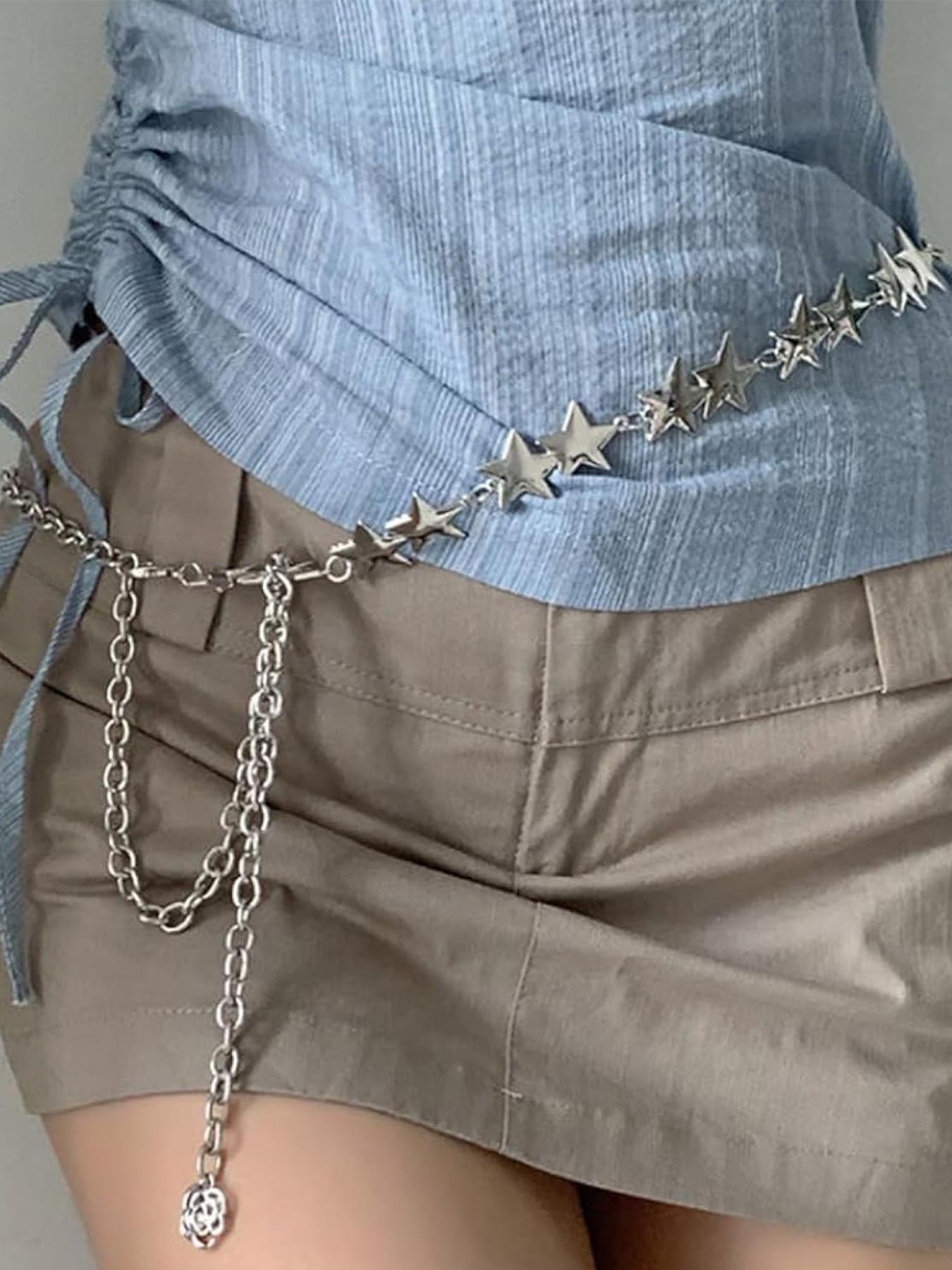 Silver Star Chain Belt Western Metal Belt for Women Street Style Casual Belt Punk Chain Belts for Dresses Jeans Waist Chain Belt Y2k Emo Body Jewelry Star Decorated Belt