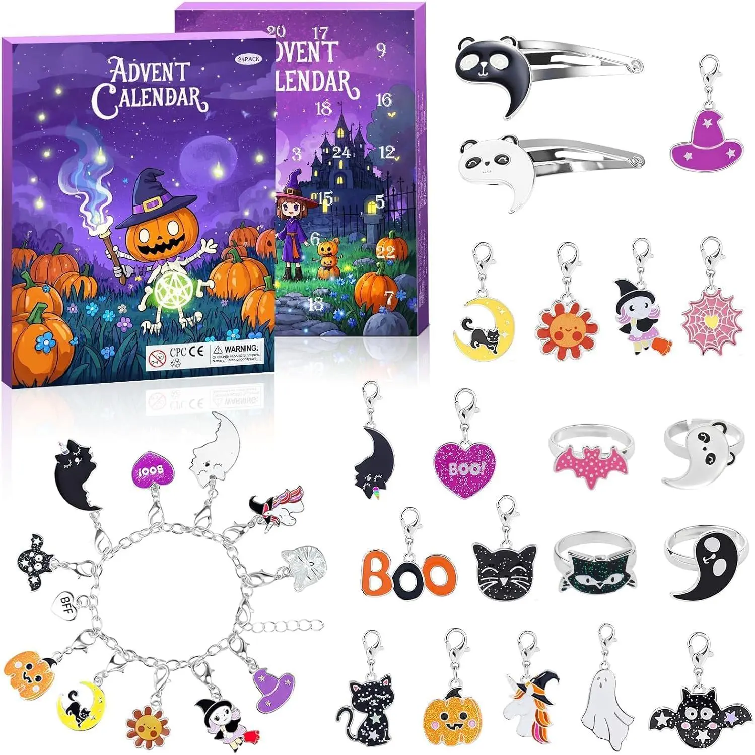 2026 Halloween 24-Day Countdown Advent Calendar, Gothic Spooky Castle Design Blind Box, Magical DIY Creative Charm Pendant Bracelet for Kids with Artwork & Decoration Elements