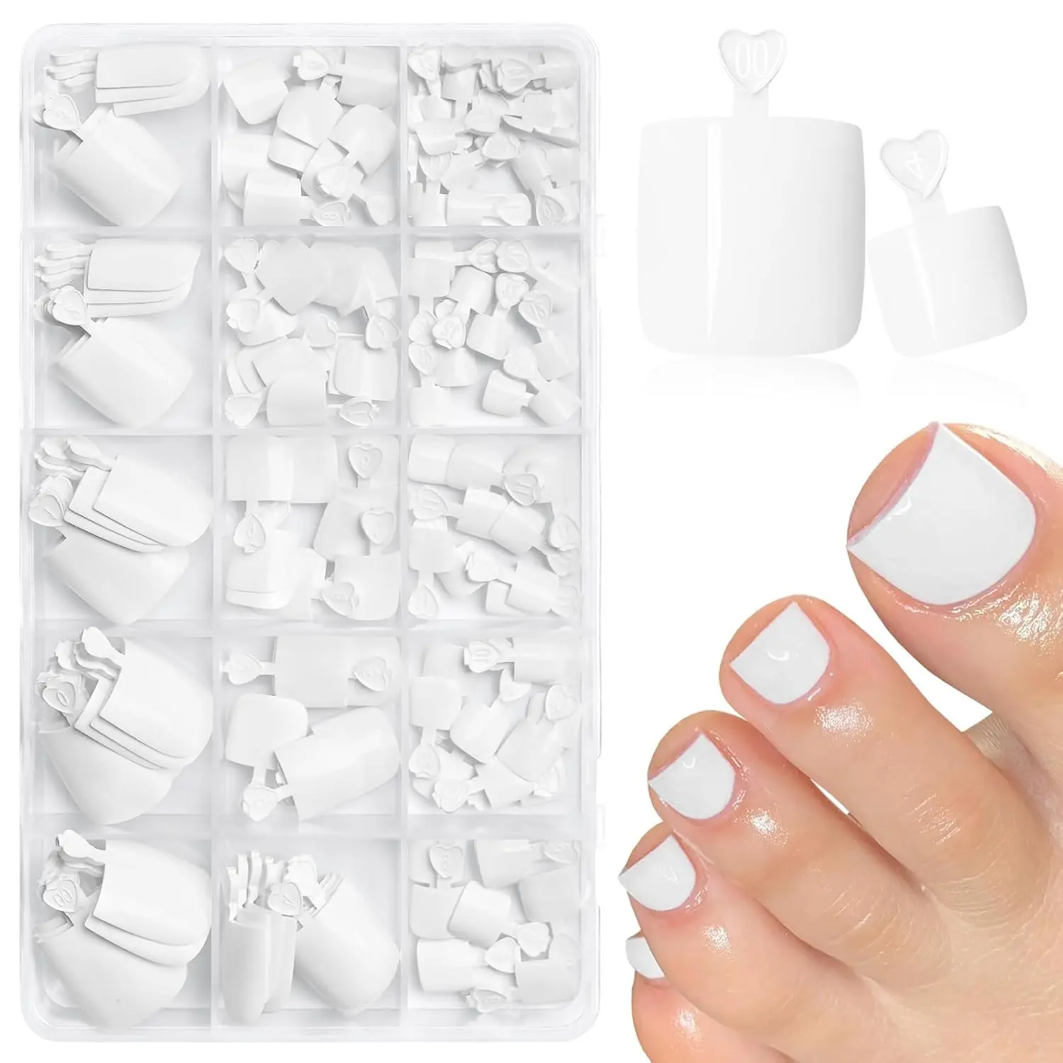 160Pcs Short Square White Press-on Gel Toenails, Diy False Toenails, 16 Size Options, Full Coverage Artificial, Solid Color, Glossy Finish, False Toe Nails, Suitable for Nail Art and Extensions, Acrylic Nail Supplies
