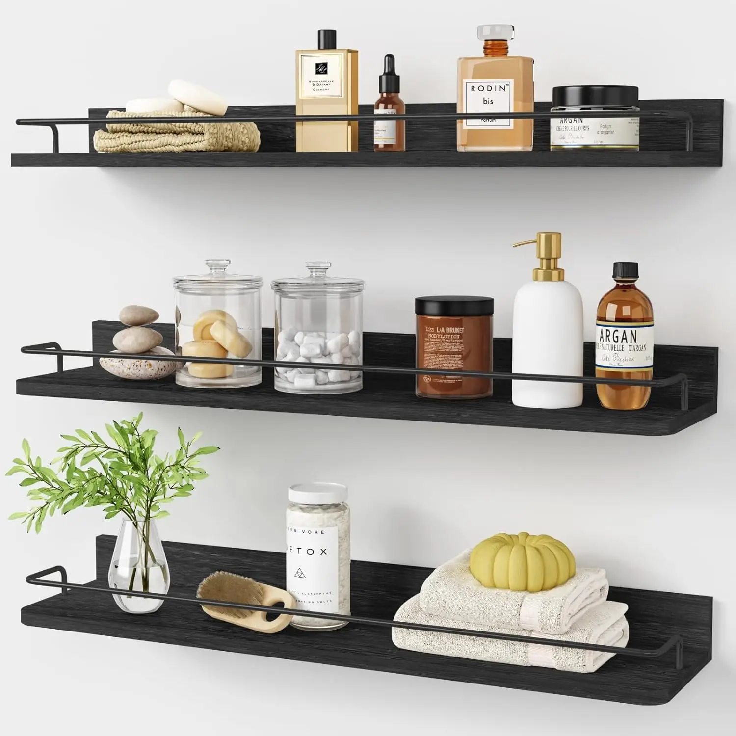 24 Inch Wall Shelves for Bedroom 3-Pack, Black Floating Shelves with Rail, Vintage Large Floating Book Shelves for Bathroom Kitchen Living Room Office Decor Kids Room Legos Display (Black)