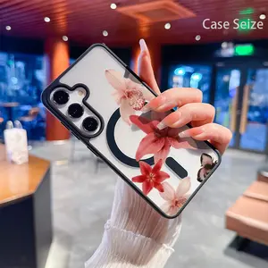 Elegant Floral Arrangement with Orchid and Lily Motifs. Black Border Magnetic Phone Case, Anti-Yellowing, Slim Lightweight & Bare Feel, Luxury Premium Design for Samsung Galaxy S22 S23Fe S24 S25 Plus Ultra, Trendy & Perfect