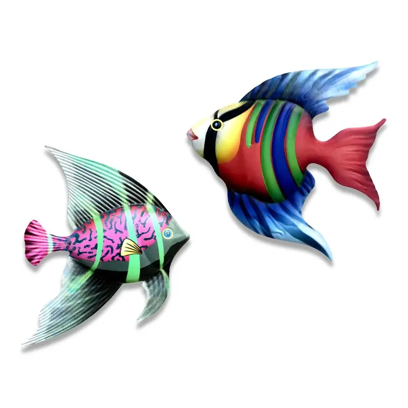 2 Pack Colorful Metal Decorative Tropical Angelfish Wall Decor, 3D Fish Wall Art Sculpture, Coastal Nautical Beach Ocean Themed Hanging Ornament Decoration, Gift