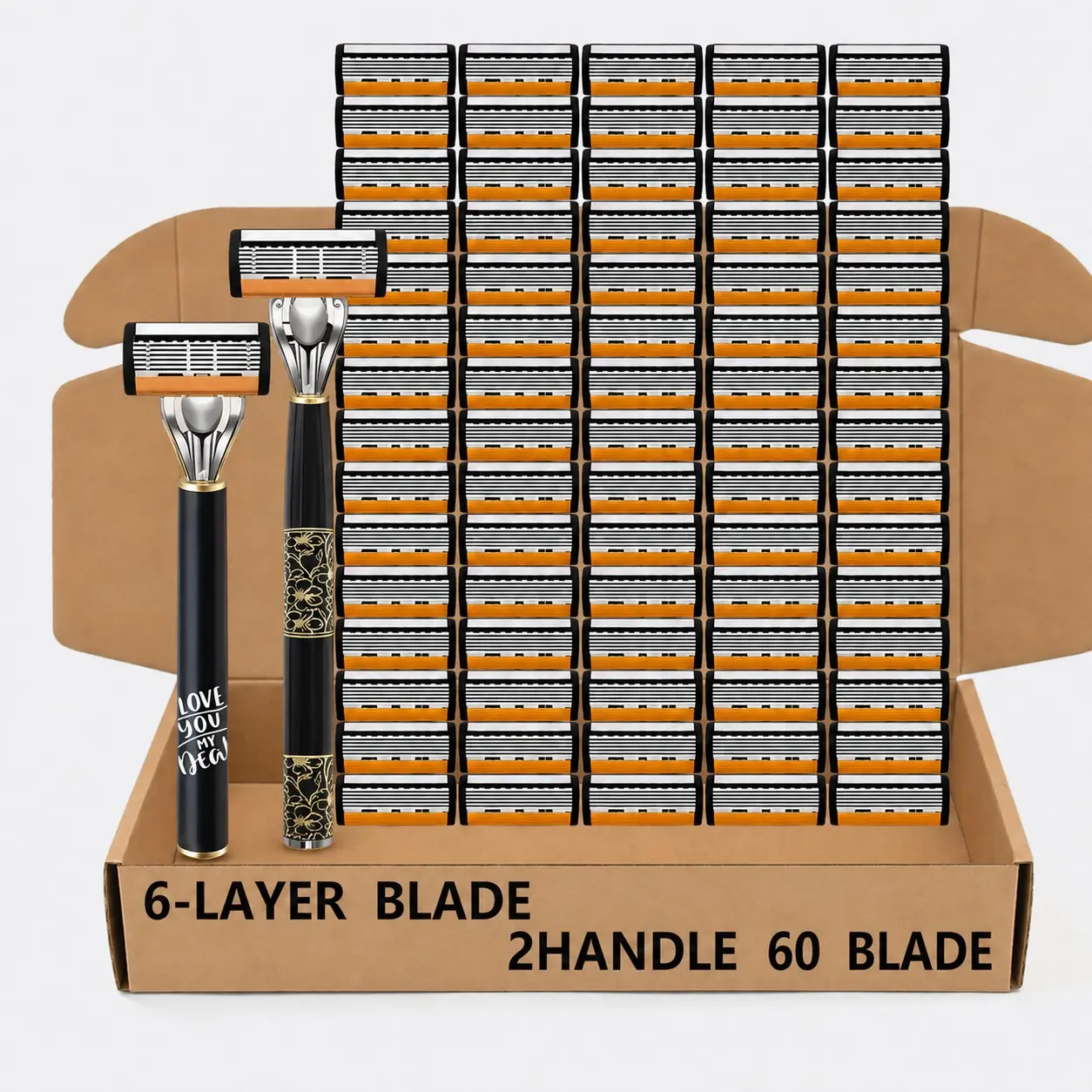 Men's Razor Set with 2 Handles and 60 Replacement Cartridges, 6-Blade Stainless Steel Design, Sturdy, Durable, Waterproof