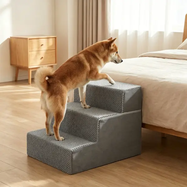 Curved Pet Steps with High-Density Foam, Anti-Slip Dog Stairs for Small Dogs & Cats, Removable Washable Cover, Tool-Free Assembly for Couch, Bed, Sofa, Grey