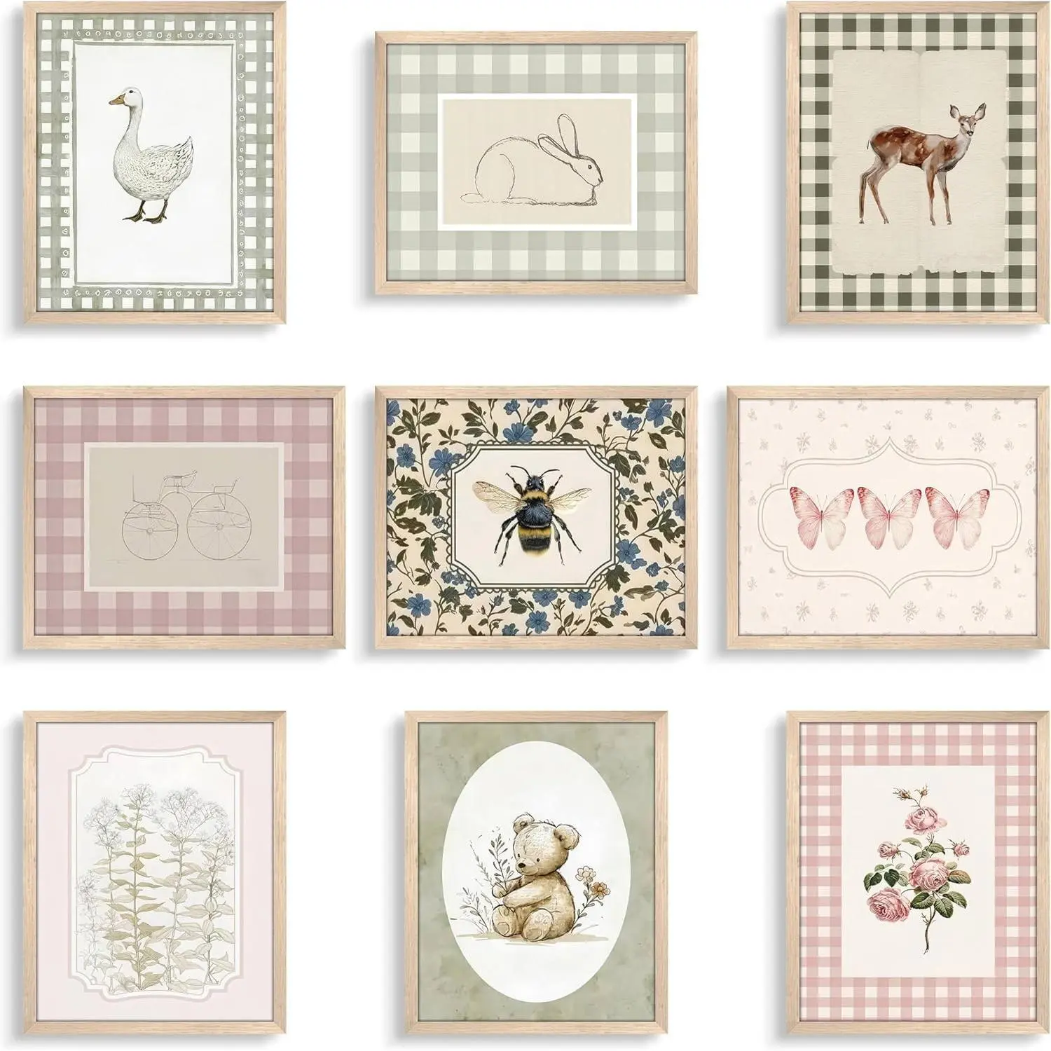 Vintage Nature-Floral Farmhouse Animal Wall Art Set (9 Pcs, 8x10 in Unframed), Artistic Cute Forest Animal Canvas Prints, Rustic Gift for Baby Kids Room Decor