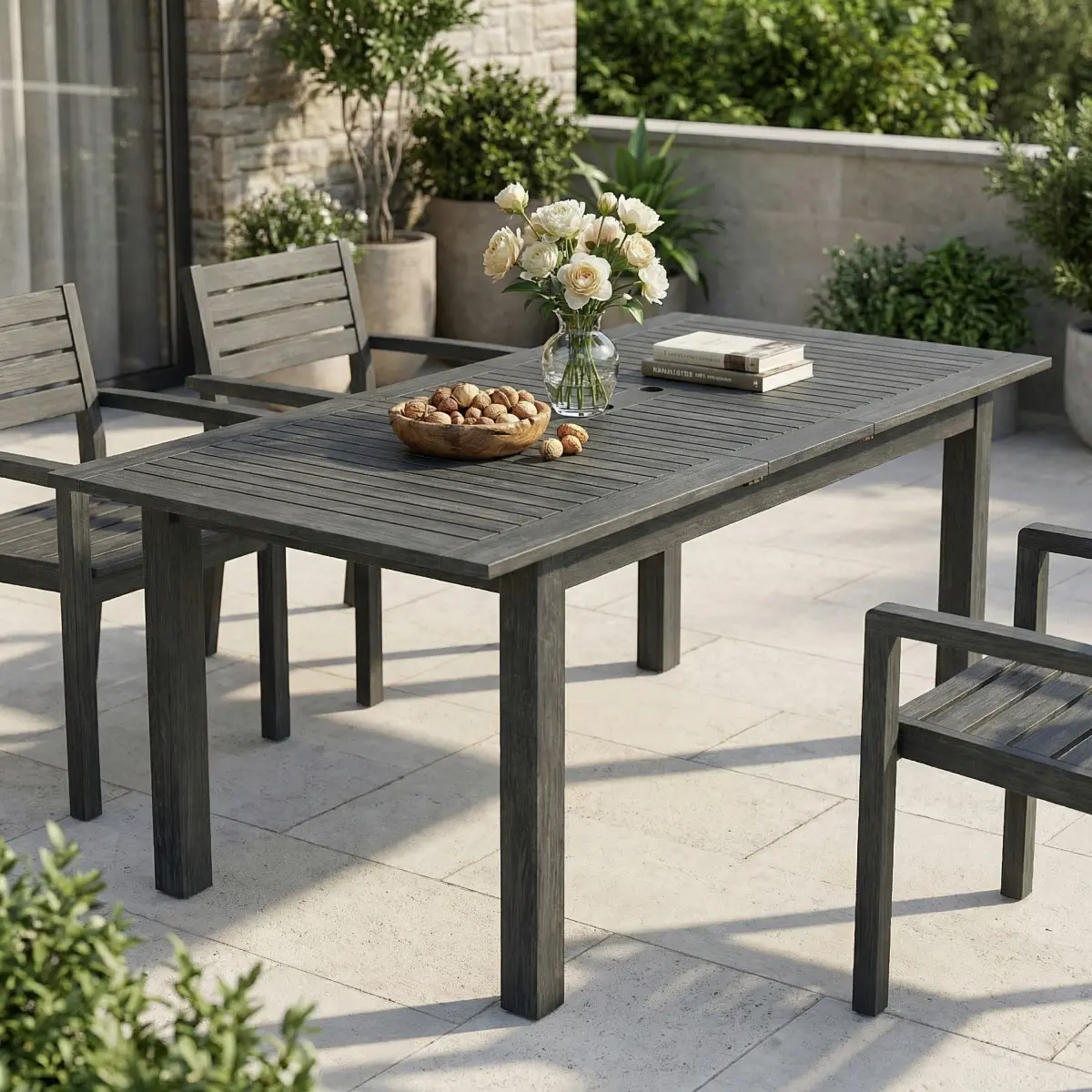 Outdoor Expandable Acacia Wood Dining Table, Dark Grey