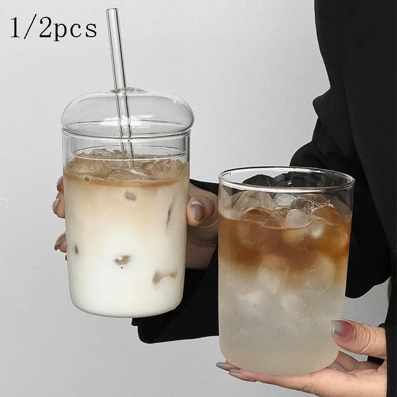 Round Glass Cup with Dust Cover and Transparent Straw, Cute Fat Cup for Iced Coffee, Milk Tea, Portable Drinking Cup, Drinkware