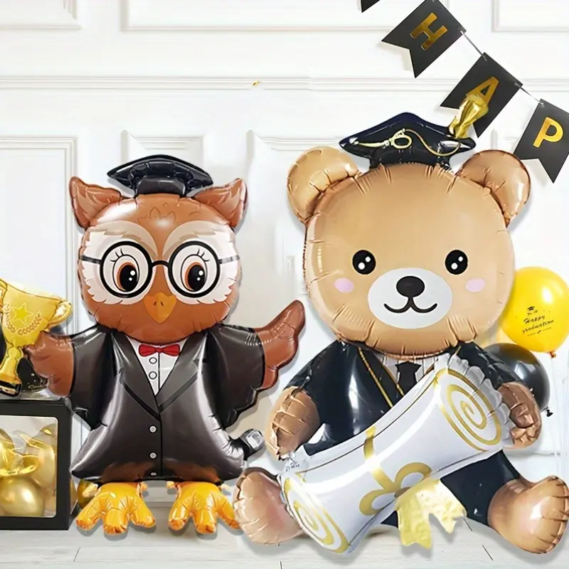 2/4pcs 38-Inch Standing Graduation Bear Balloon, 31-Inch Standing Owl Doctor Balloon, Graduation Season Graduation Ceremony Theme Party Atmosphere Decoration, Indoor Placement Film Balloon