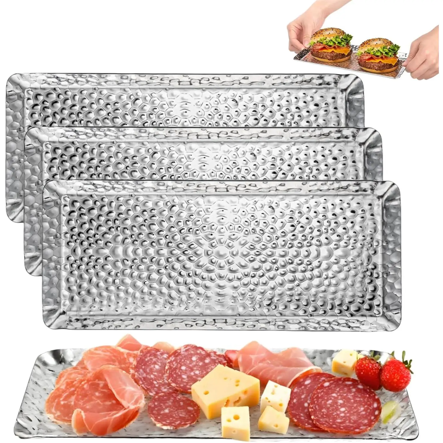 4 count Hammered  Tray, Small Stainless Steel Appetizer Platter | 9.8 Inch Decorative  Dish  Organizer for BBQ, Towel, Candle, Perfume,