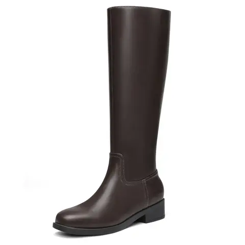 Athlefit Women's Knee-High Suede Riding Boots - Flat Chunky Heel, Square Toe Style, Side Zipper, Leather & Rubber Construction, All-Season Footwear for Everyday Outings, Back to School