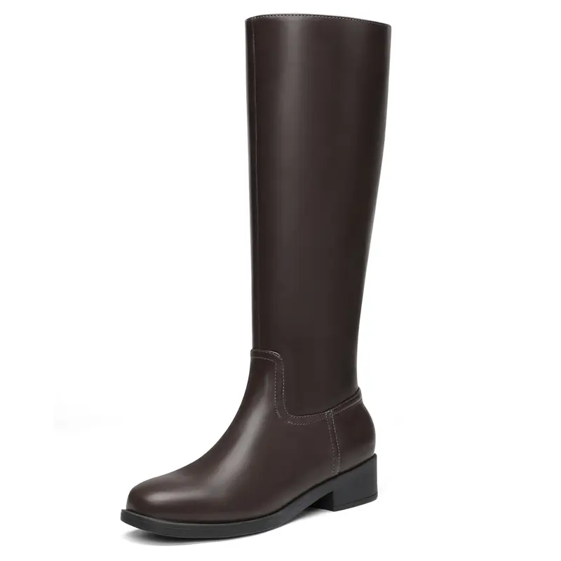 Athlefit Women's Knee-High Suede Riding Boots - Flat Chunky Heel, Square Toe Style, Side Zipper, Leather & Rubber Construction, All-Season Footwear for Everyday Outings, Back to School