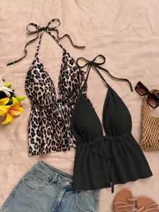 2-Pack Leopard Print Cami Tops, V-Neck Backless Slim Fit, Perfect for Vacations, Dates, Afternoon Tea, Music Festivals, Boho Style