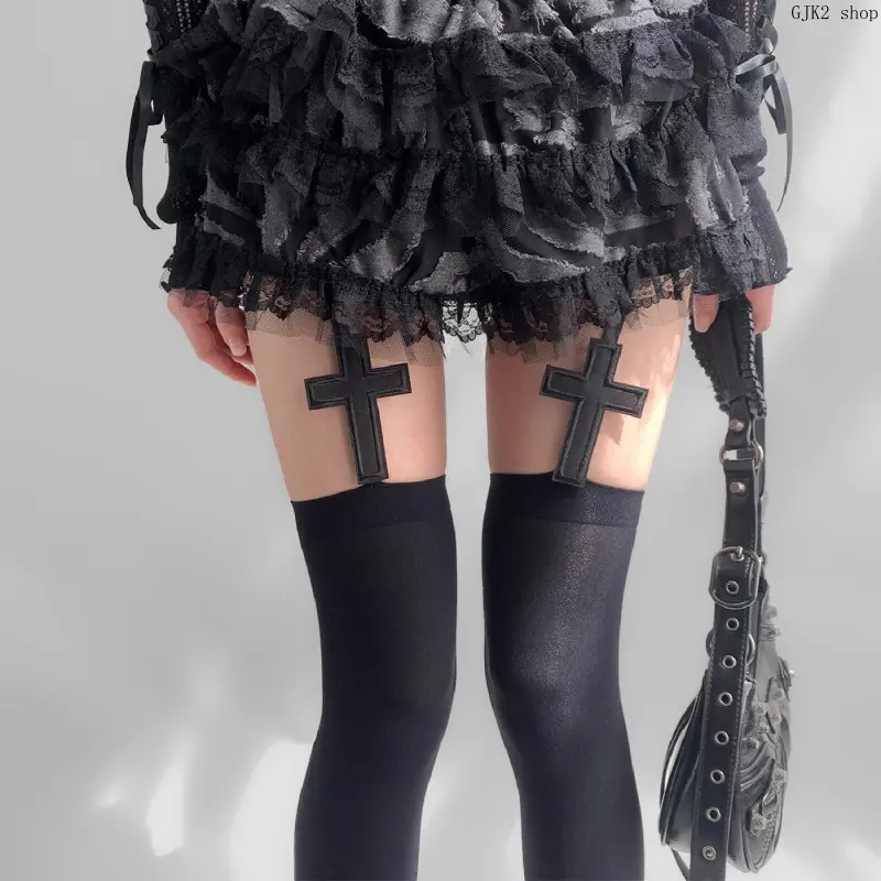 Women Elastic Solid Black Thigh High Socks Cross Ornament Garter Design Soft Long Socks for Gothic Punk Autumn Daily Styling