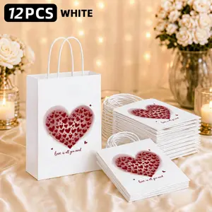 Set of 12 Romantic Style Gift Bags with Red Heart Pattern, Designed with "Love is What You Need" Motif, with Handles, Suitable for Wedding Favors and Valentine's Day Gifts, Size 15X8X 21cm