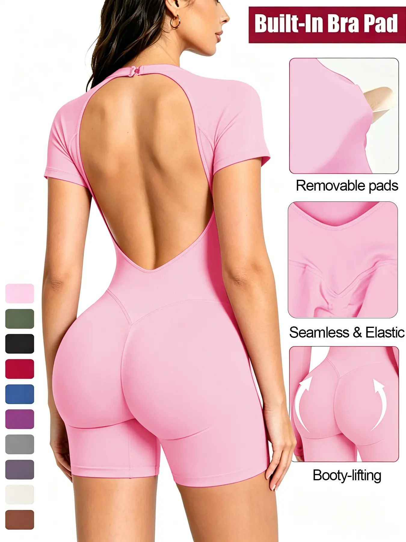 One-Piece Romper Jumpsuit for Women, Stretchy Sports Jumpsuit, Backless Built in Removable Sports Pad Short Sleeve Romper, Back Clasp Breathable Bodysuit, Sexy Slim Fit Butt-Lifting One-Piece Outfit, Workout Rompers, Suitable For Sports, Gym, Dance