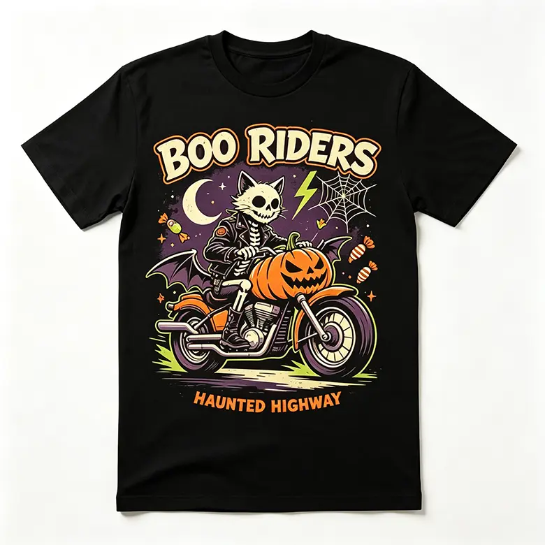 Boo Riders Haunted Highway Skeleton Black Cat Rider Print T Shirt Vintage Motorcycle Halloween Costume Biker Lover Spooky Party Casual Gift Tee