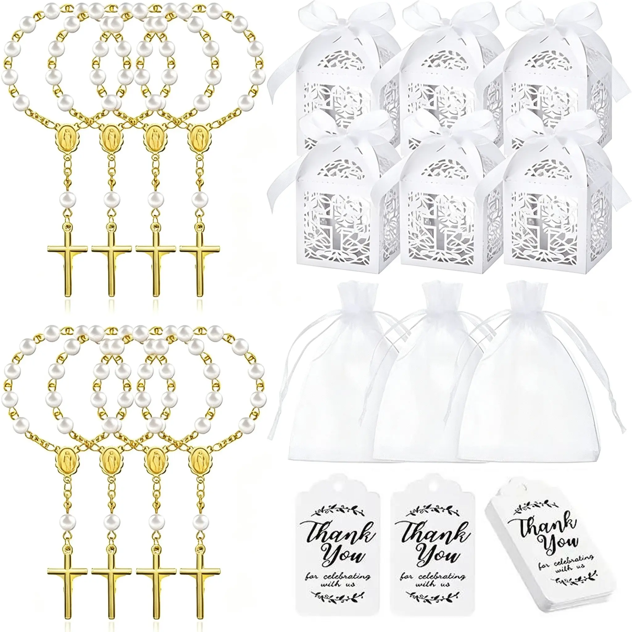 120 Piece Rose Bead Baptism Set, Includes Mini Rose Beads, Cross Boxes, Gift Bags, Thank You Tags, Perfect for Baptism and Wedding Decorations, Thank You Favors, Party Favors, Religious Gifts