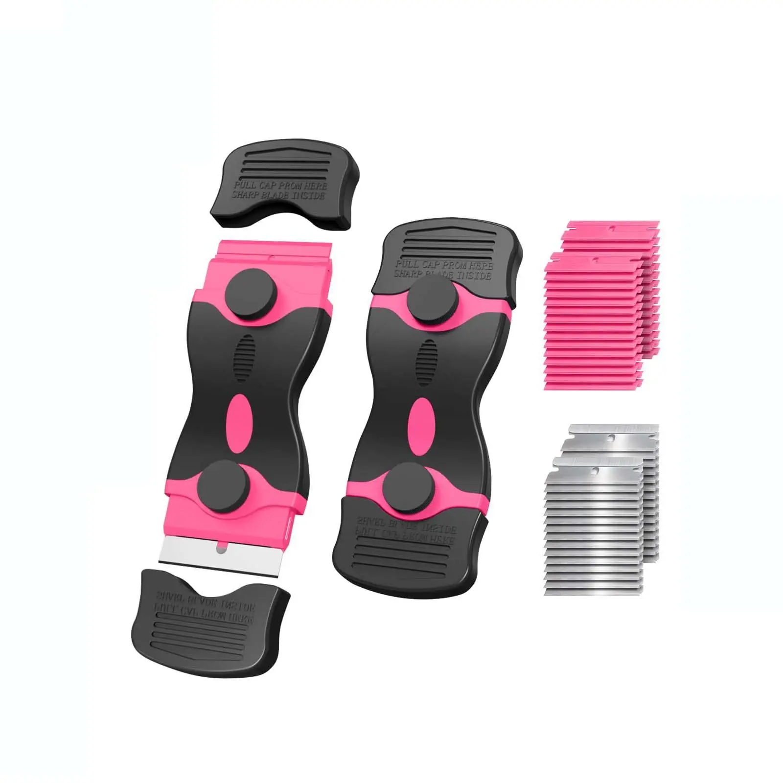 Pink Paint Scraper Set - 2-Pack Razor Blade Tools with 20 Plastic/Metal Blades, Home Improvement Gasket/Adhesive Tool for Cars, Ovens, Cleaning Ceramic Tiles, Sticker Scraper